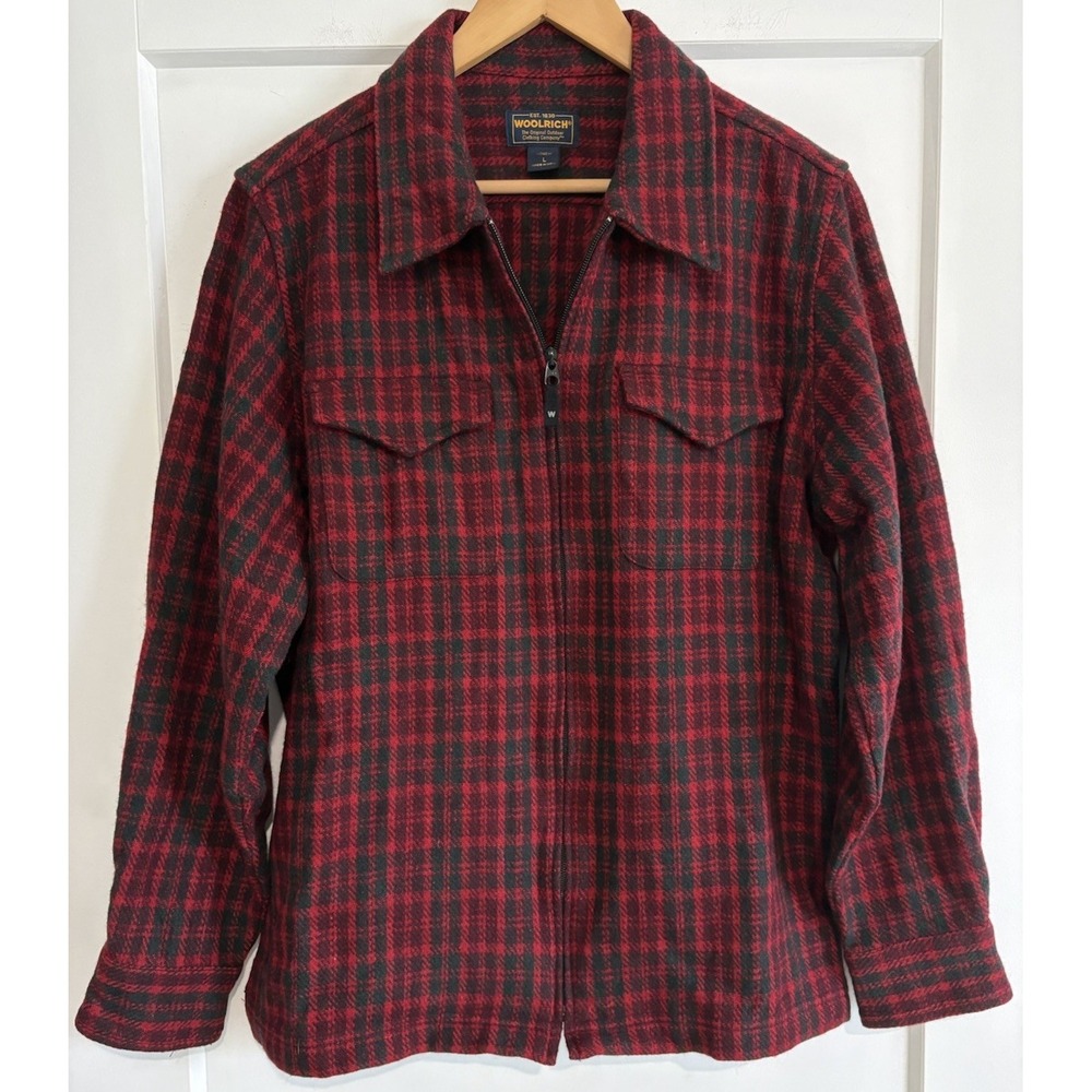 Woolrich Womens L Large Ruby Red Plaid Wool Blend Full Zip Jacket Shacket 4618